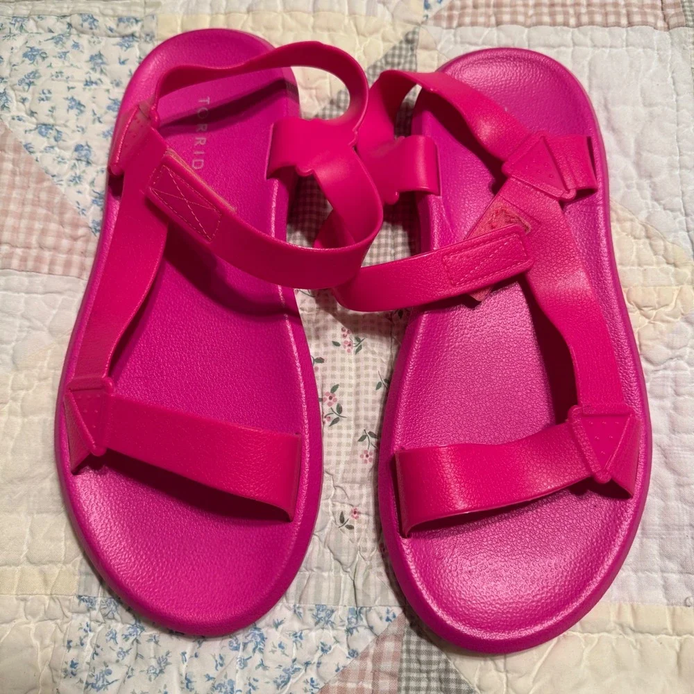Torrid Neon Pink Strappy Sport Sandals Women 11WW Wide Adjustable Hook and Loop